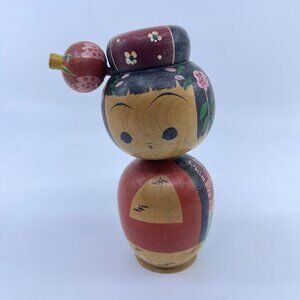 vintage japanese kokeshi doll hand painted floral details & red kimono